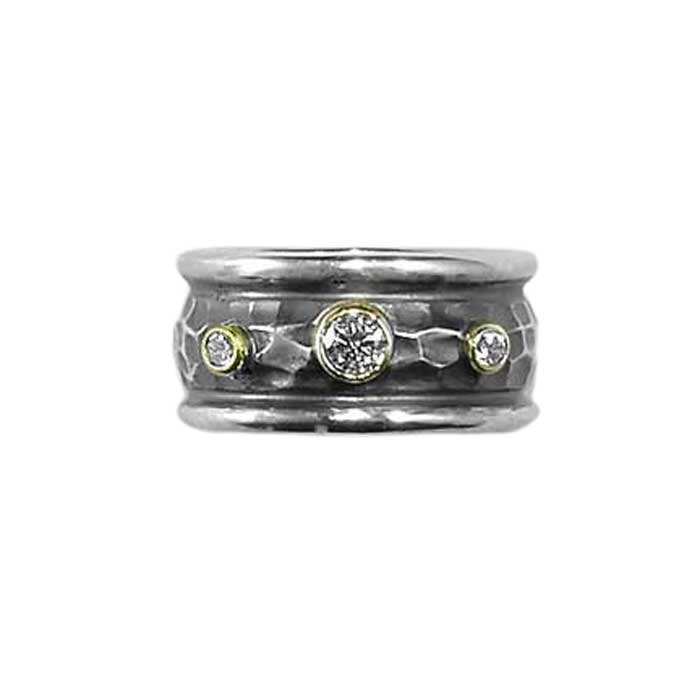 Wide Hammered Ring with Diamonds